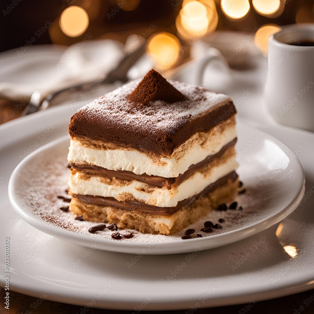 Close-up of classic tiramisu dessert with layers of coffee-soaked ladyfingers and mascarpone cream dusted with cocoa powder

