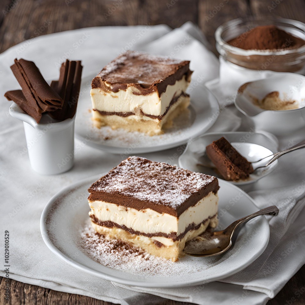 Close-up of classic tiramisu dessert with layers of coffee-soaked ladyfingers and mascarpone cream dusted with cocoa powder
Close-up of classic tiramisu dessert with layers of coffee-soaked ladyfingers and mascarpone cream dusted with cocoa powder