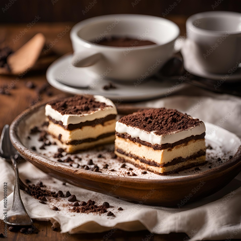 Close-up of classic tiramisu dessert with layers of coffee-soaked ladyfingers and mascarpone cream dusted with cocoa powder
Close-up of classic tiramisu dessert with layers of coffee-soaked ladyfingers and mascarpone cream dusted with cocoa powder
