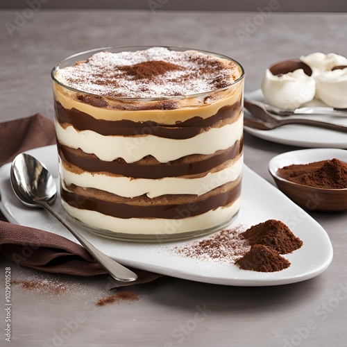 Close-up of classic tiramisu dessert with layers of coffee-soaked ladyfingers and mascarpone cream dusted with cocoa powder 