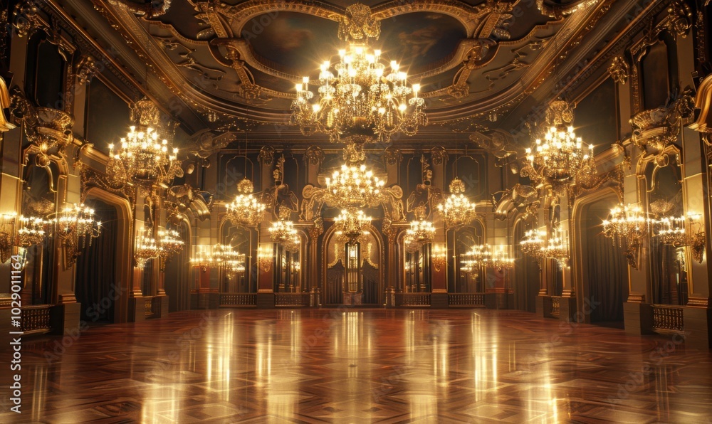 Obraz premium Elegant ballroom with grand chandeliers and dancers, 4K hyperrealistic photo.