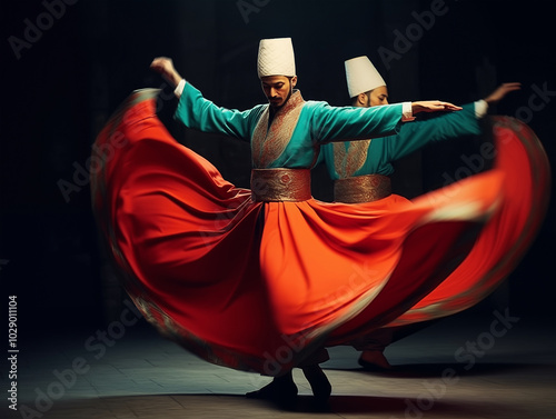 Two whirling dervishes performing in traditional outfits