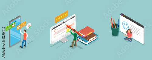 3D Isometric Flat Vector Illustration of Online Survey, Customer Experiences and Satisfaction