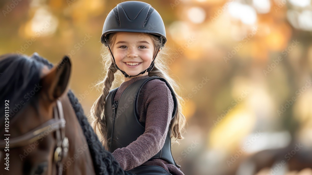 A young girl smiles as she rides a horse in a field. A young girl smiles as she rides a horse in a field.
