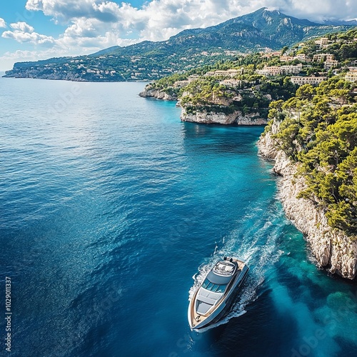 Yacht sailing in Mediterranean Sea near French Riviera and Monaco photo