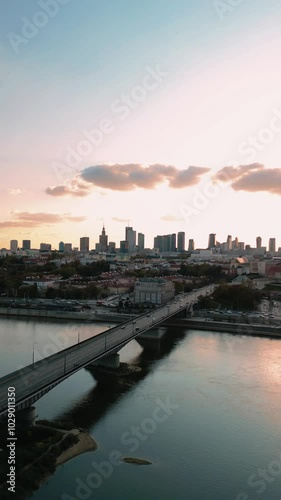 Aerial drone photography. Panoramic view of sunset over Warsaw. Panoramic view of Warsaw city center and Vistula river