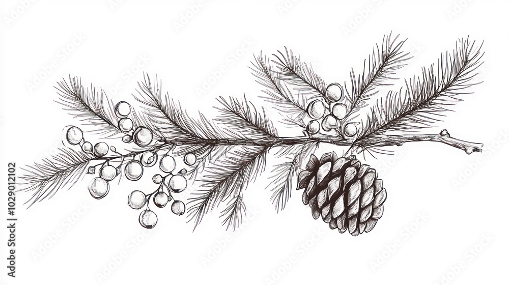 Fototapeta premium Hand-drawn illustration of a pine branch with pine cone and berries, isolated on white background.