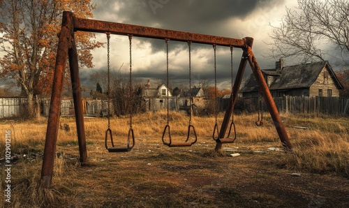 Rusty swing set in abandoned yard.