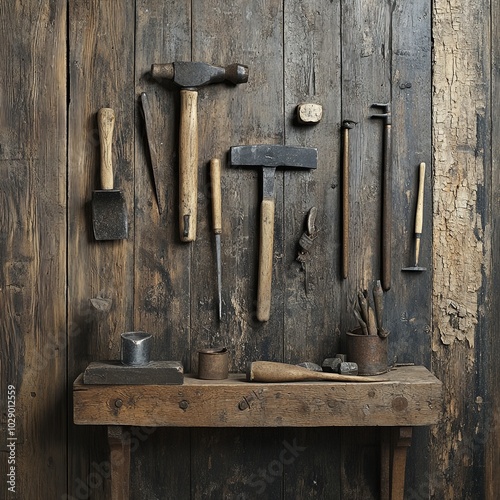 Several chisels, hammer, and other tools hanging in wooden wall