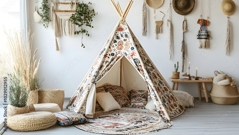Bohemian Chic Interior with Cozy Teepee and Natural Accents,a cozy teepee adorned with floral patterns, surrounded by natural textures and earthy tones. Woven baskets Bohemian Chic Interior with Cozy Teepee and Natural Accents,a cozy teepee adorned with floral patterns, surrounded by natural textures and earthy tones. Woven baskets