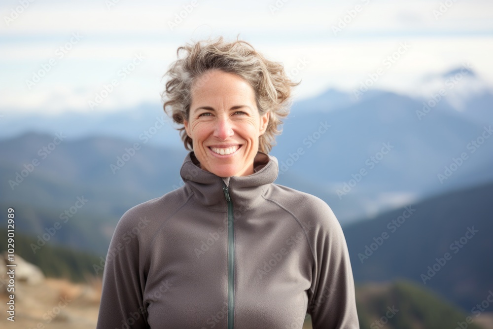Portrait of a smiling woman in her 50s wearing a thermal fleece pullover isolated on panoramic mountain vista Portrait of a smiling woman in her 50s wearing a thermal fleece pullover isolated on panoramic mountain vista