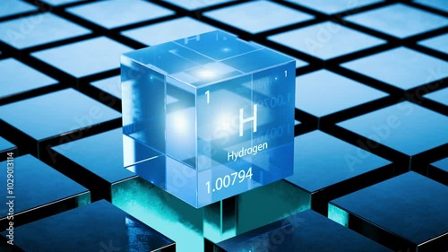 Hydrogen is an element of the periodic table. Hydrogen fuel cell concept. Images of hydrogen. Hydrogen alternative energy. Rotating metal cube with the inscription of the chemical element hydrogen.