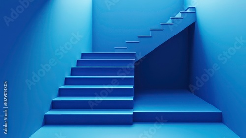 A blue, minimalist stairway with a corner landing in a blue room.