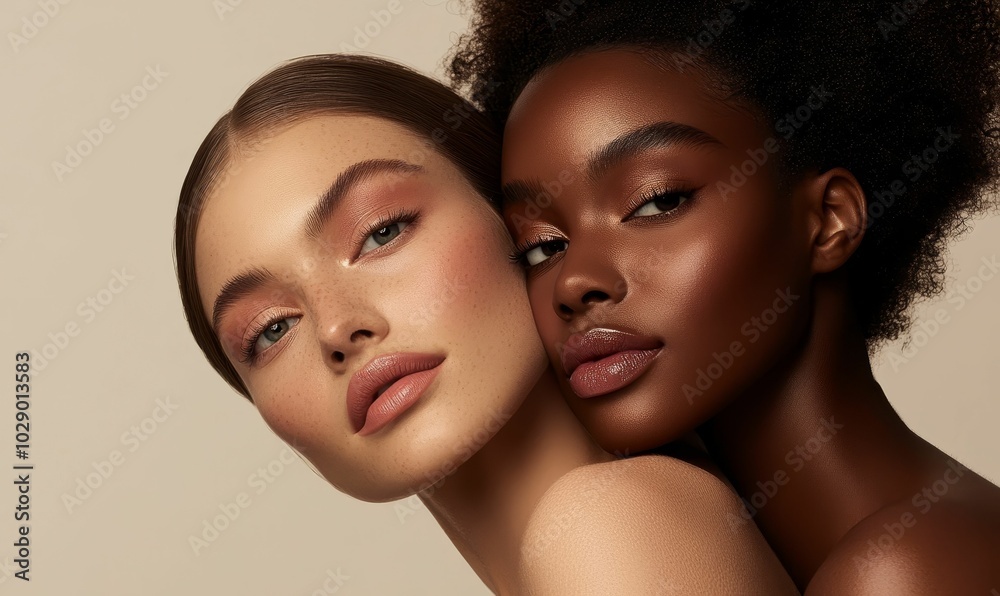 Two women with different skin tones, close-up. Two women with different skin tones, close-up.