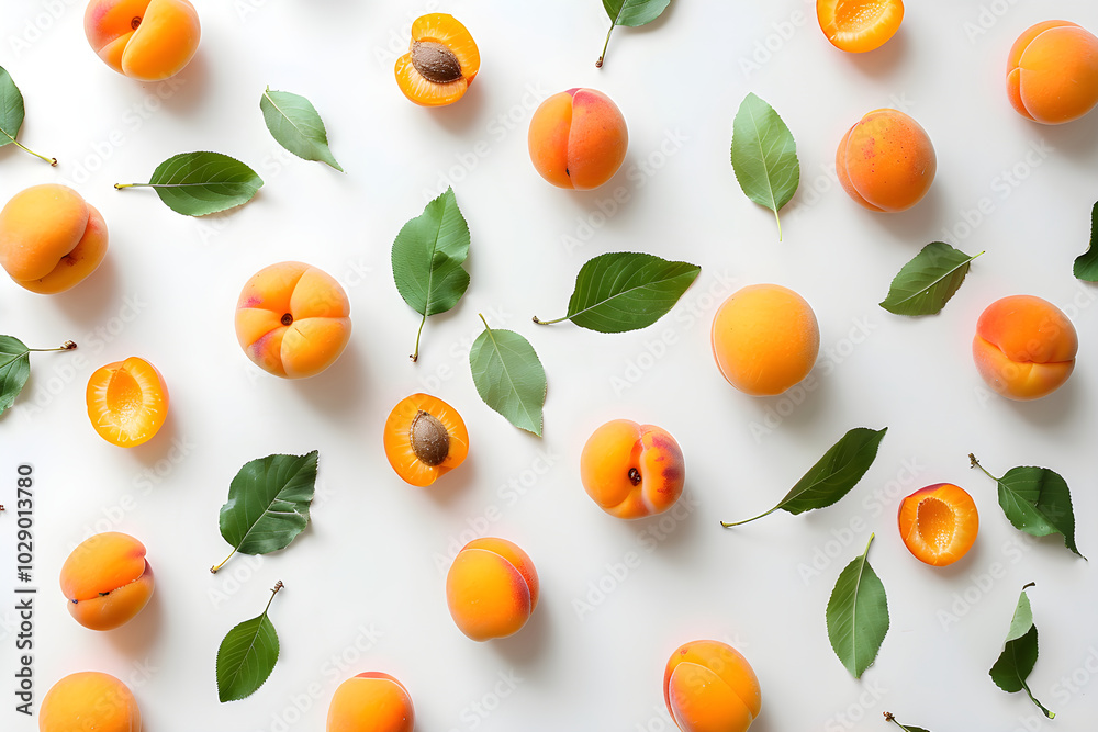 Ripe apricots and green leaves on a white background. Banner template of fresh autumn harvest, for backdrops, wallpapers, Ripe apricots and green leaves on a white background. Banner template of fresh autumn harvest, for backdrops, wallpapers,