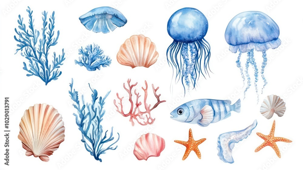 Fototapeta premium Watercolor illustration of various sea life elements, including jellyfish, fish, coral, seashells, and starfish, isolated on a white background.
