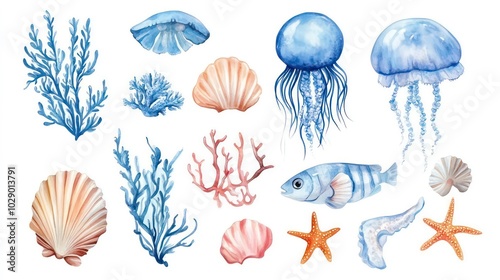 Watercolor illustration of various sea life elements, including jellyfish, fish, coral, seashells, and starfish, isolated on a white background.