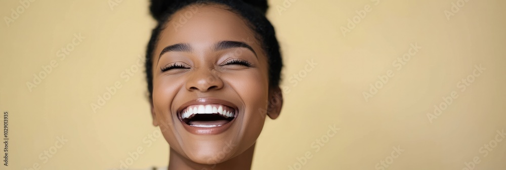 Close-Up Portrait of a Young Black Woman Laughing in Neutral Outfit Close-Up Portrait of a Young Black Woman Laughing in Neutral Outfit