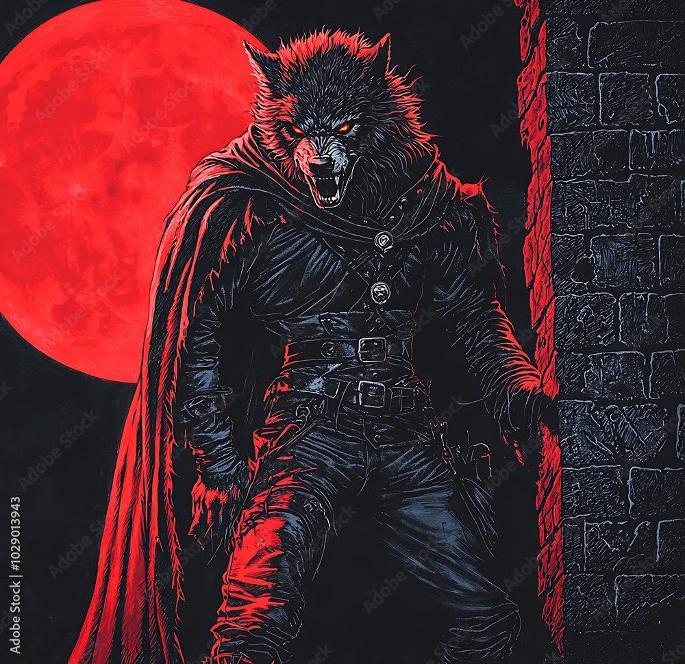 A werewolf with red eyes and sharp teeth wearing an old cloak A werewolf with red eyes and sharp teeth wearing an old cloak