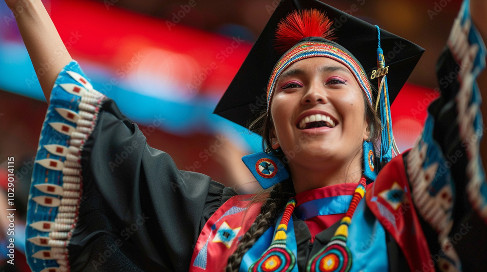 Fototapeta premium A Native American student in traditional regalia beneath their graduation gown, celebrating their achievement