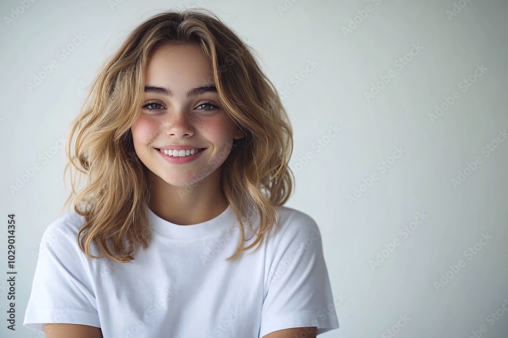 Portrait of Beautiful Young Woman Smiling and Looking at Camera Against White Background Portrait of Beautiful Young Woman Smiling and Looking at Camera Against White Background