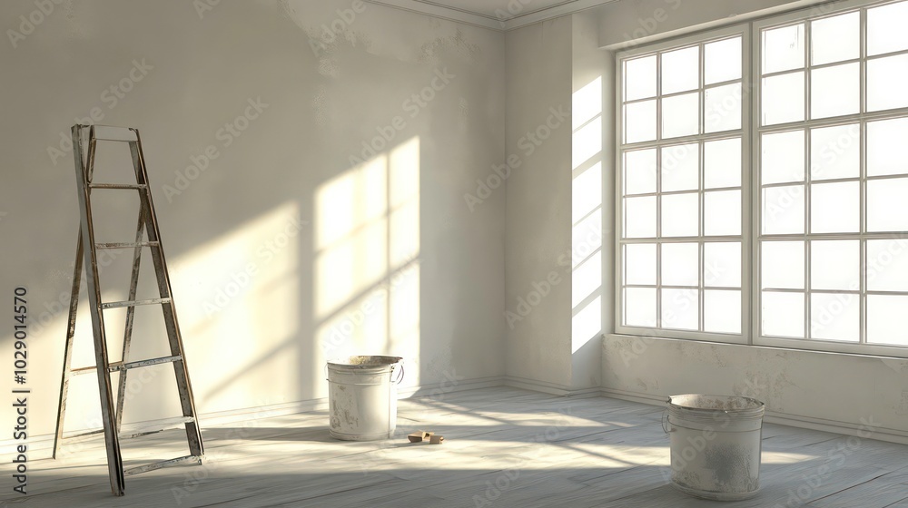 Fototapeta premium Empty room with ladder, paint buckets, and sunlight streaming in through a large window.