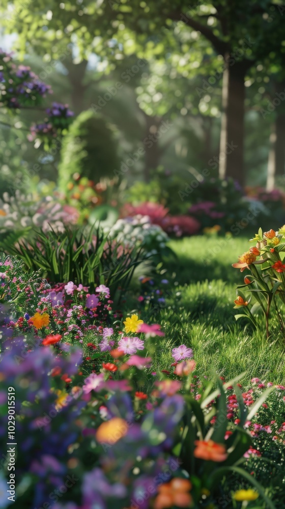 Fototapeta premium Lush green garden with a variety of blooming flowers, 4K hyperrealistic photo