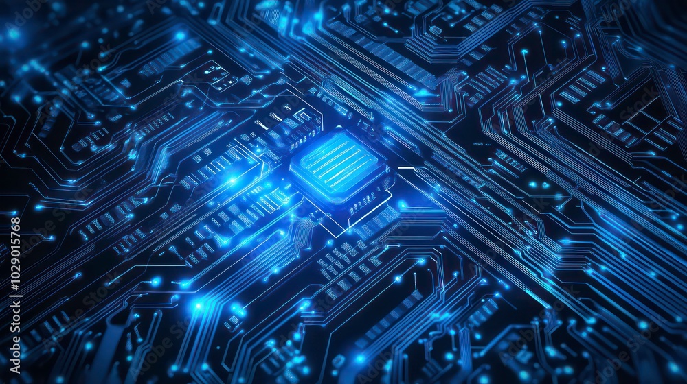 A close-up of a circuit board with glowing blue lines and a central processor. A close-up of a circuit board with glowing blue lines and a central processor.