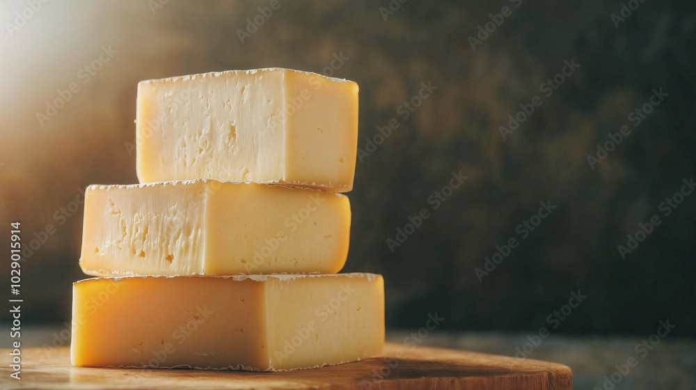 Fototapeta premium Delicious aged cheese showcasing its intricate details, beautifully illuminated from behind against a dark backdrop, creating an enticing culinary scene. photo