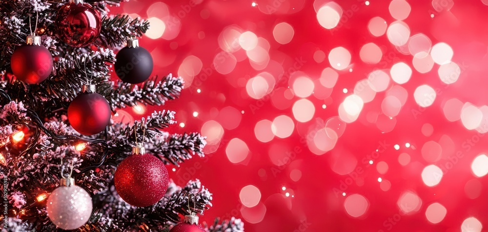 Christmas tree adorned with ornaments, festive red bokeh background. Christmas tree adorned with ornaments, festive red bokeh background.