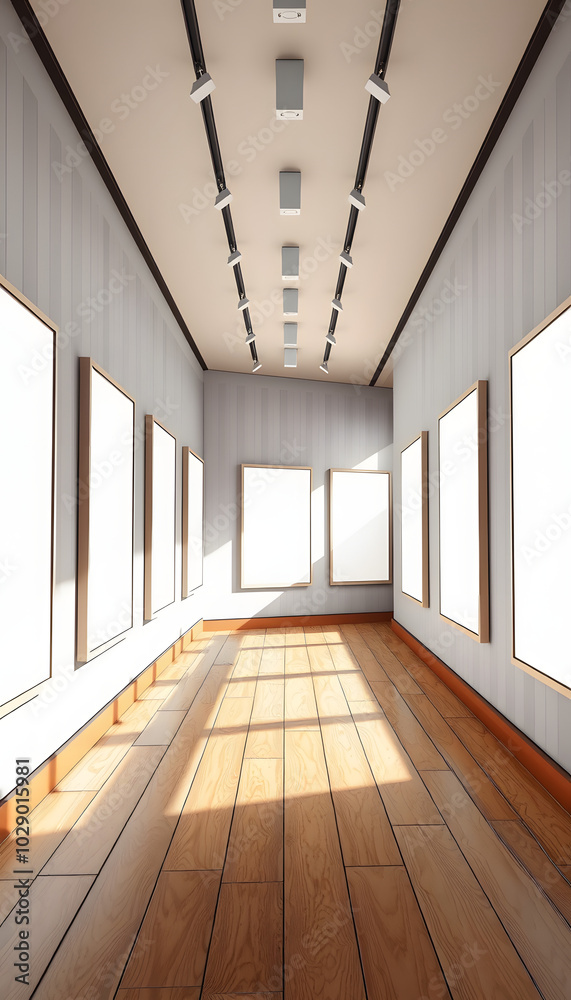 Obraz premium A series of blank posters on a corridor wall, wooden floor, and a concept of an art gallery exhibition. 3D Rendering isolated with white highlights, png