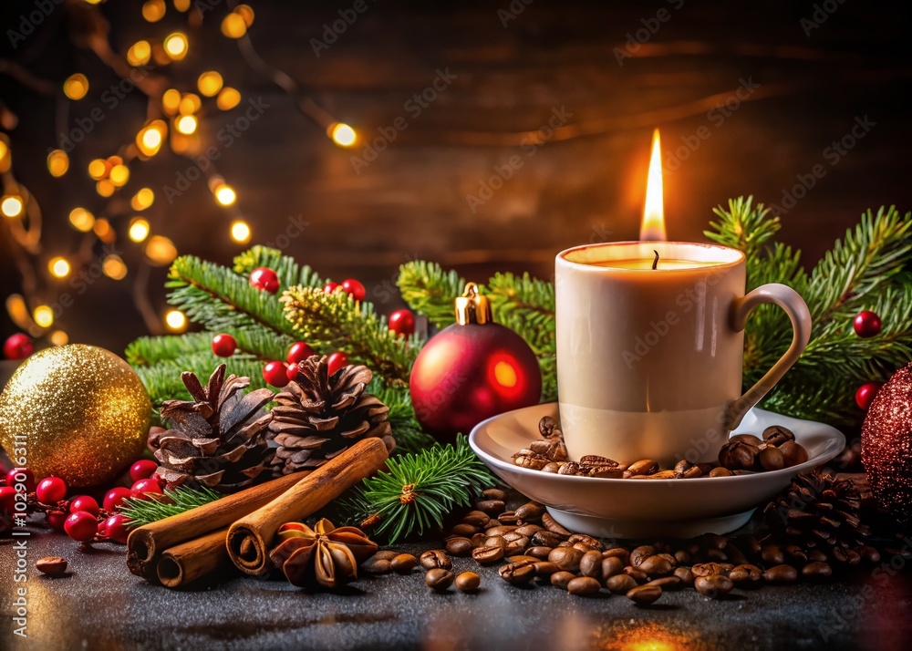 Luxury Christmas Coffee Scene with Candlelight and Holiday Decorations Luxury Christmas Coffee Scene with Candlelight and Holiday Decorations