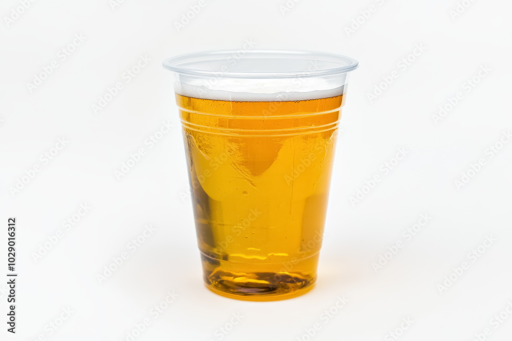 transparent plastic cup filled with beer on white background, transparent plastic cup filled with beer on white background,