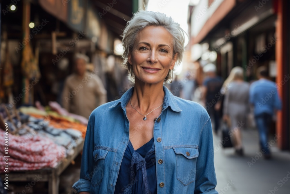Portrait of a blissful woman in her 50s sporting a versatile denim shirt on bustling urban market