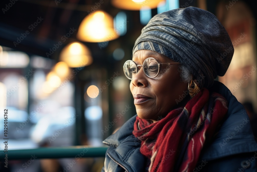 Portrait of a content afro-american woman in her 60s sporting a trendy beanie in bustling urban market Portrait of a content afro-american woman in her 60s sporting a trendy beanie in bustling urban market