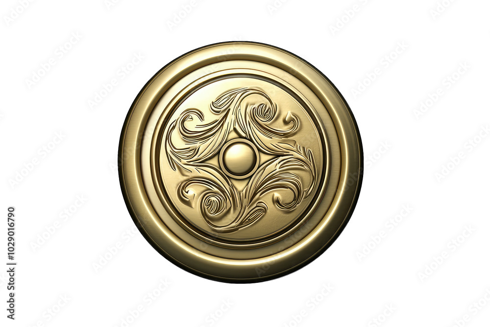 A decorative golden shield featuring intricate designs, perfect for enhancing any artistic or historical project. A decorative golden shield featuring intricate designs, perfect for enhancing any artistic or historical project.