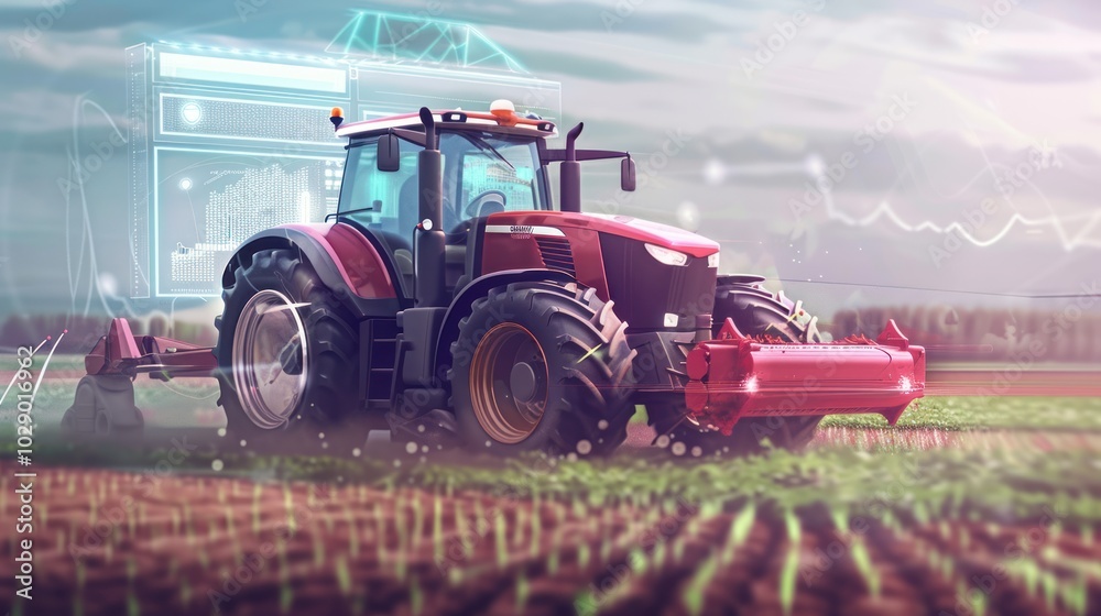 Fototapeta premium Red Tractor with Digital Interface in a Field