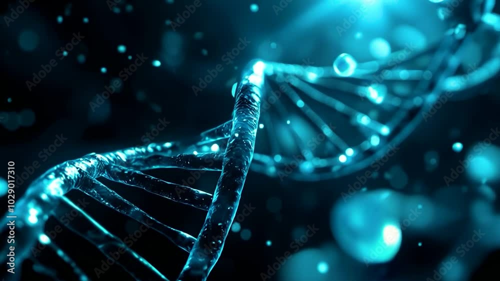 Close-up of glowing DNA strand in a blue scientific environment