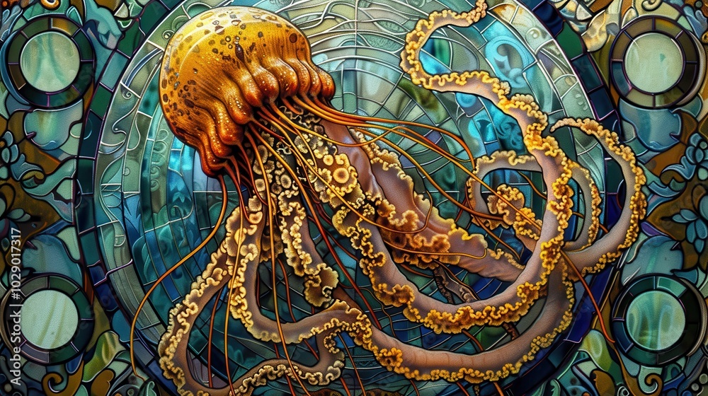 Fototapeta premium ** Vibrant Stained Glass Jellyfish Art with Intricate Details and Oceanic Theme..**