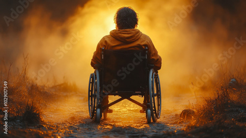 A man in a wheelchair sits contemplatively on a city street during fall sunset