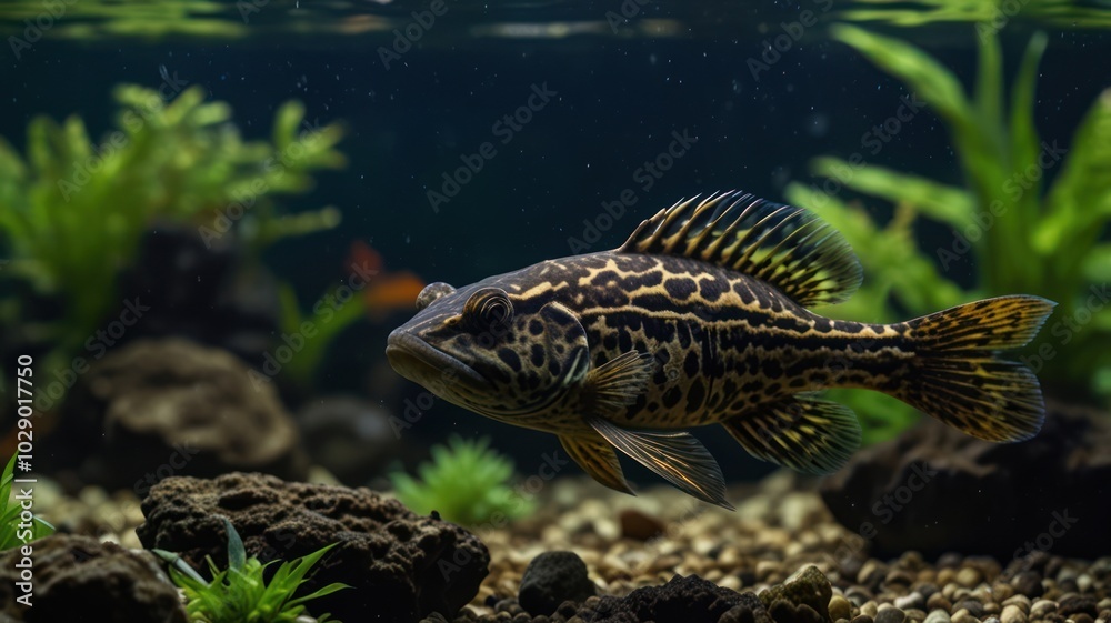 Fototapeta premium A black and yellow spotted fish swims through a freshwater aquarium with plants and rocks.