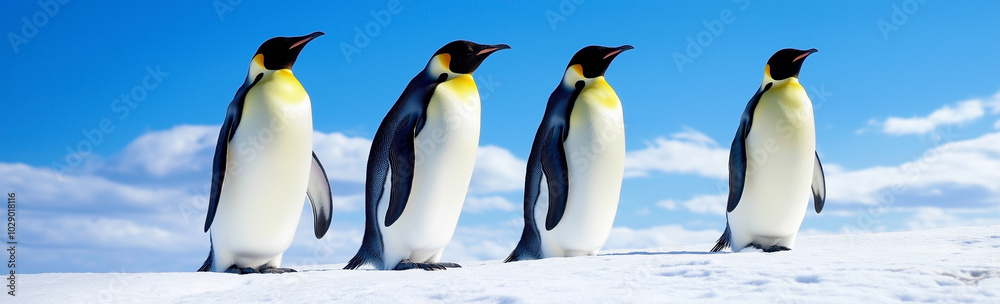 Fototapeta premium The freedom of penguins on a beautiful ocean day