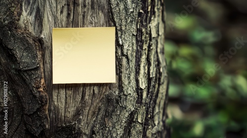 Sticky note, blank yellow post paper on wood, tree trank background, copy space photo