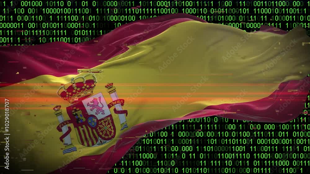 Binary code on flag of Spain. Program source code or Hacker concept on Spanish flag. Spain digital technology security, hacking or programming