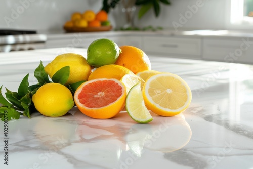 Fresh Citrus Fruits on a Marble Countertop. AI generative photo