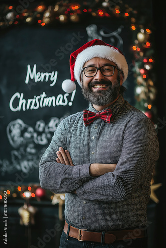 Man with red Santa Claus hat and red bow tie in front of  