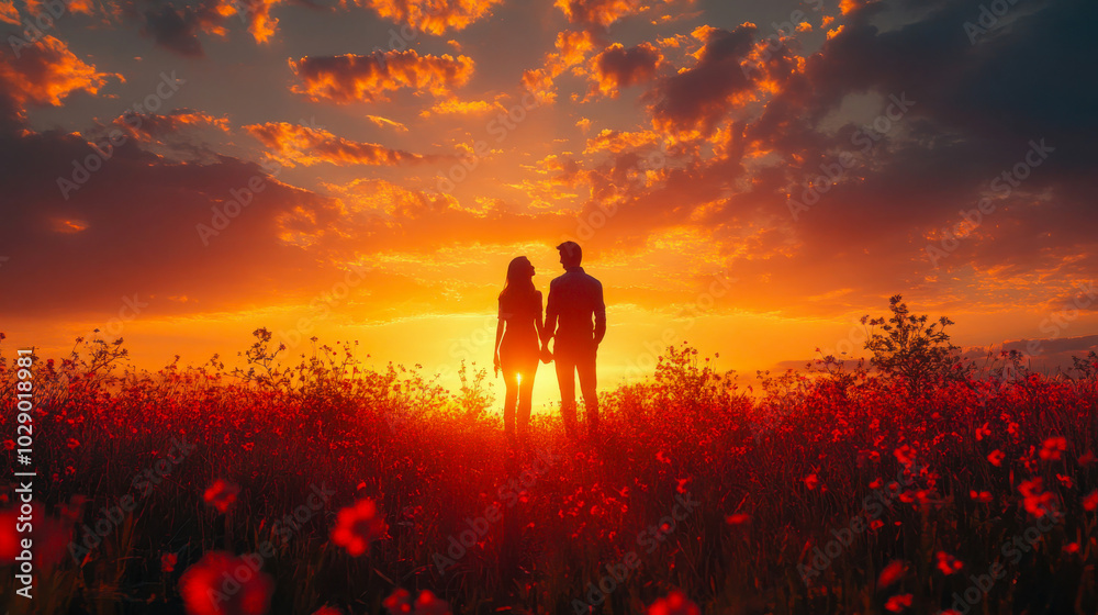 Fototapeta premium A couple embraces in a meadow at sunset, surrounded by vibrant red flowers
