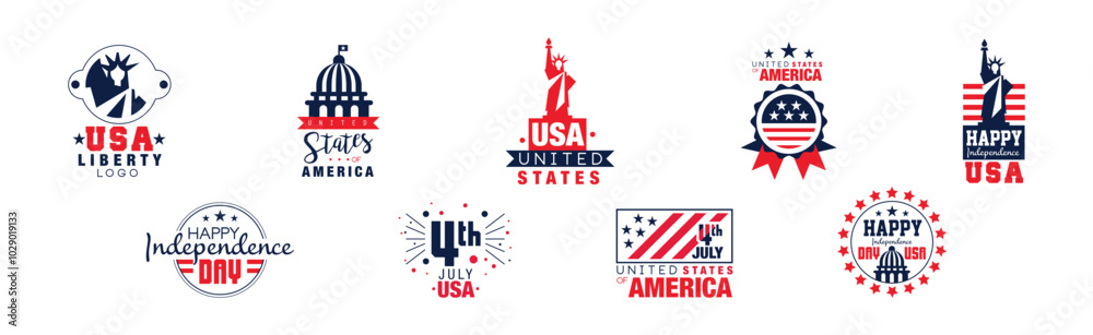 Naklejka premium Happy Independence Memorial Day Logo and Label Design Vector Set