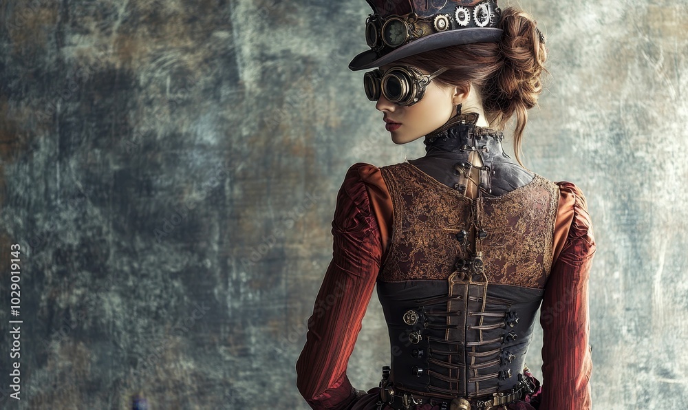 Steampunk woman in intricate outfit, looking away. Steampunk woman in intricate outfit, looking away.