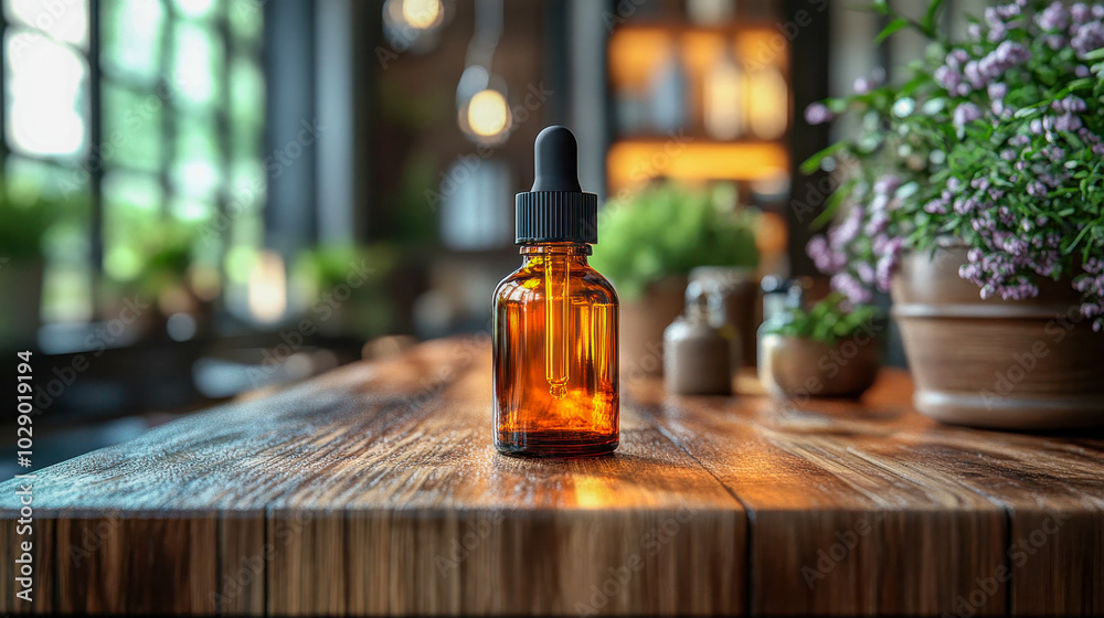 Minimalistic amber glass bottle on a wooden table, set against a sunlit, green, natural background, perfect for skincare and wellness concepts Minimalistic amber glass bottle on a wooden table, set against a sunlit, green, natural background, perfect for skincare and wellness concepts